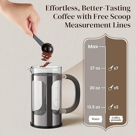 Veken French Press Coffee Maker 34oz 1 L, Heat Resistant Thickened Borosilicate Glass, No Plastic Touching Cafe, Stainless Steel Brewer,Cold Brew Cafetera Teapot for Kitchen Travel Camping,Dark Pewter