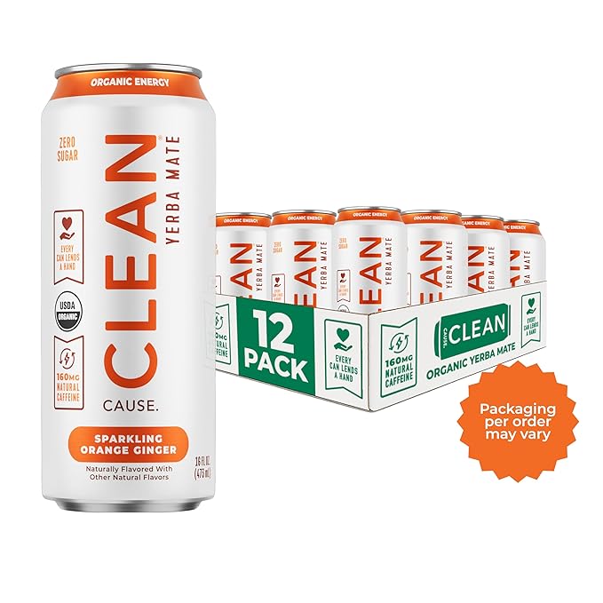 CLEAN Cause Zero Sugar Orange Ginger Yerba Mate Tea Sparkling, USDA Organic Energy Drink Alternative, Zero Calorie, 160mg Natural Caffeine, Soda Alternative, Plant-Based (16oz cans, 12-Pack Case)