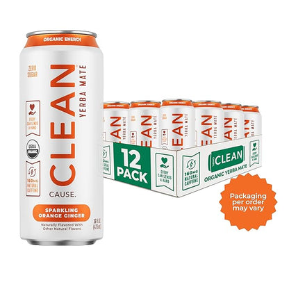 CLEAN Cause Zero Sugar Orange Ginger Yerba Mate Tea Sparkling, USDA Organic Energy Drink Alternative, Zero Calorie, 160mg Natural Caffeine, Soda Alternative, Plant-Based (16oz cans, 12-Pack Case)
