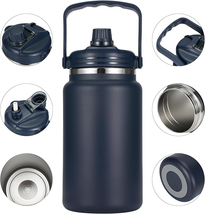 1 Gallon Thermosflask with Straw, 135oz Stainless Steel Insulated Water Bottle，4L Oversized Double Wall Vacuum Jug with Handle for Hot Cold Drinks, Wide mouth Icebuckets for Hiking Sports(Blue)