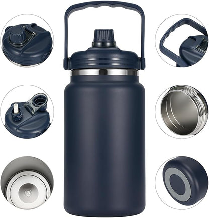 1 Gallon Thermosflask with Straw, 135oz Stainless Steel Insulated Water Bottle，4L Oversized Double Wall Vacuum Jug with Handle for Hot Cold Drinks, Wide mouth Icebuckets for Hiking Sports(Blue)