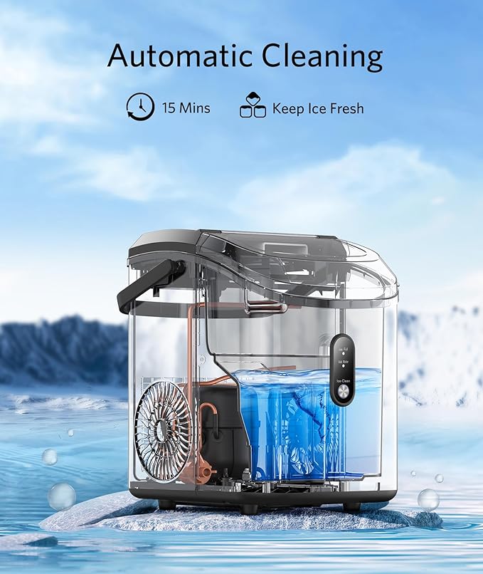 Nugget Ice Maker Countertop - Pebble Ice Maker with Self-Cleaning, 35lbs/Day, Ready in 6 Mins, Portable Sonic Ice Machine with Handle, Basket & Scoop for Home, Kitchen, RV, Outdoor (Black)