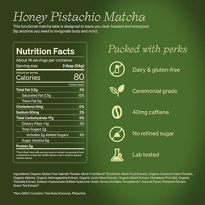 Clevr Blends Pistachio Matcha SuperLatte, Organic Ceremonial Grade, Instant Superfood Powder Blend with Lions Mane, Reishi Mushroom, Coconut Cream, Oat Milk, Ashwagandha, Serve Hot or Iced (14 Lattes)