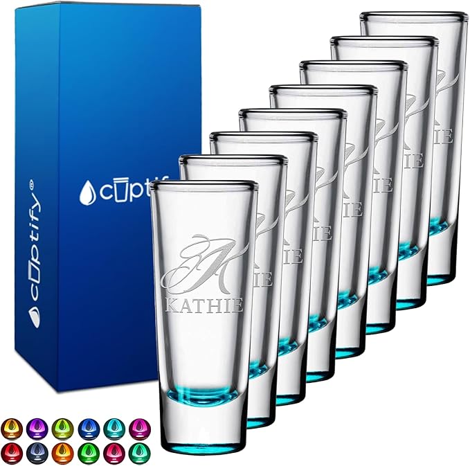 Personalized Shot Glasses Set of 8 Teal Bottom Custom 2 oz Cordial Shot Glass Initial and Name for Gifts, Weddings, Birthdays, Party, Event, Decorations