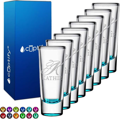 Personalized Shot Glasses Set of 8 Teal Bottom Custom 2 oz Cordial Shot Glass Initial and Name for Gifts, Weddings, Birthdays, Party, Event, Decorations