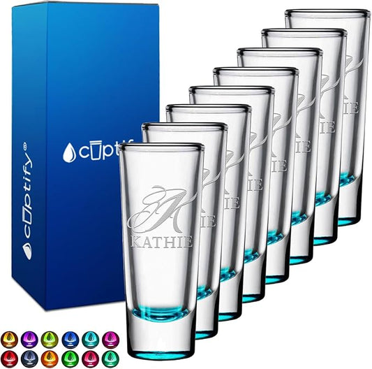 Personalized Shot Glasses Set of 8 Teal Bottom Custom 2 oz Cordial Shot Glass Initial and Name for Gifts, Weddings, Birthdays, Party, Event, Decorations