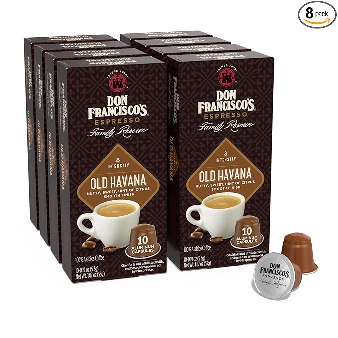 Don Francisco's Old Havana Espresso Pods: 80 Recyclable Aluminum Capsules, Intensity 8 Medium Dark Roast, Compatible with Nespresso Original Line - Bold Cuban-Style coffee with Nutty Notes