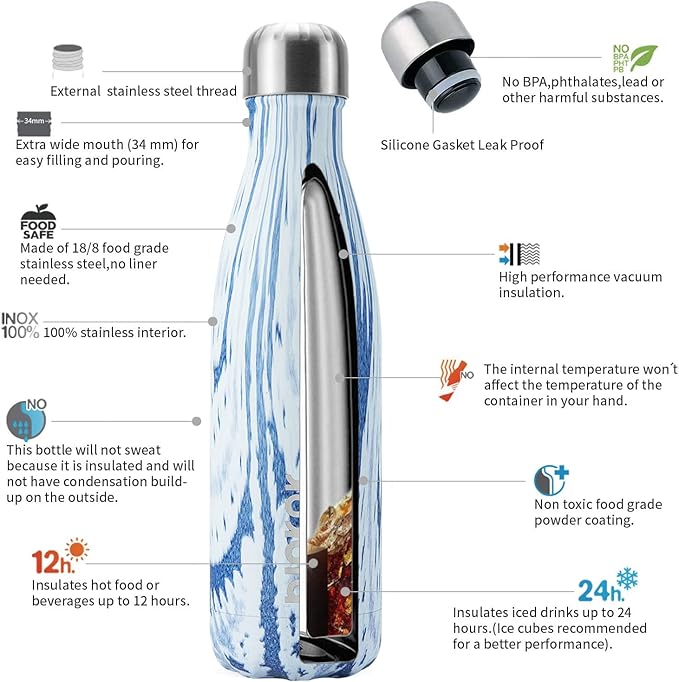 BJPKPK 17 oz Stainless Steel Insulated Water Bottles Reusable Sports Water Bottle for Travel,Wood Denim Graphics