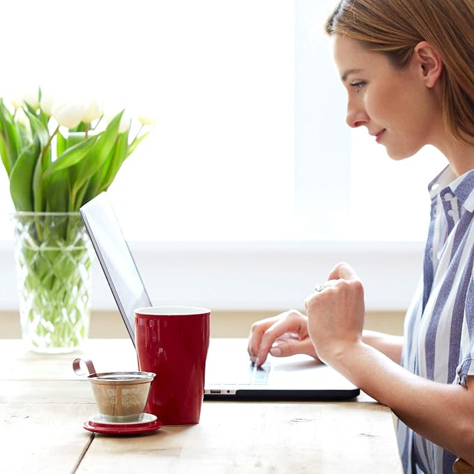 Tea Forte Chakra Double-Walled Ceramic Kati Cup with Removable Stainless Steel Infuser Basket and Lid, Steeps 12 oz Loose Leaf Tea, Lid and Cup Dishwasher & Microwave Safe