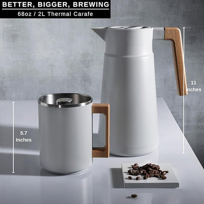 HASTINGS 68 Oz Pour Over Coffee Maker Set with Double Layer Reusable Stainless Steel Filter 8-Cup and Wood Handle - Dual Wall Heat Resistant Drip Coffee Brewer, Pour Over Coffee Dripper Carafe, Gray