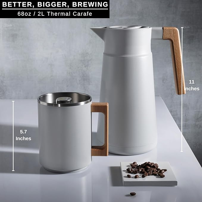 HASTINGS 68 Oz Pour Over Coffee Maker Set with Double Layer Reusable Stainless Steel Filter 8-Cup and Wood Handle - Dual Wall Heat Resistant Drip Coffee Brewer, Pour Over Coffee Dripper Carafe, Gray