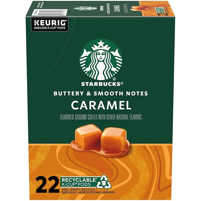 Starbucks K-Cup Coffee Pods, Caramel Naturally Flavored Coffee For Keurig Brewers, 100% Arabica, 1 Box (22 Pods)