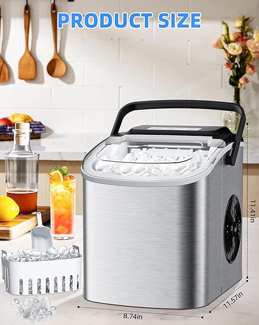 Ice Maker Machine Countertop 26lbs/24H, Portable Quiet Ice Makers Cubes in 9PCS/7Min, Self Cleaning, Ice Maker with Scoop for Kitchen, Home, Party