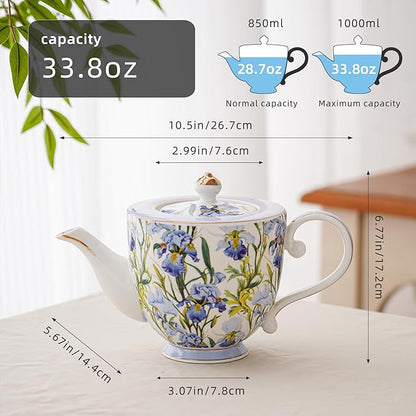 Flower Ceramic Teapot，28.7oz Blue Flower Teapot for Tea Party, Women's Gathering, Family Gathering (Blue)