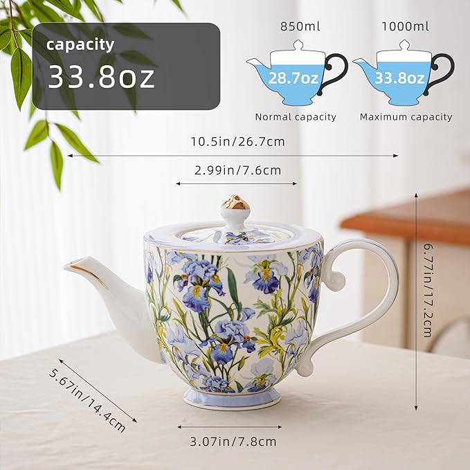 Flower Ceramic Teapot，28.7oz Blue Flower Teapot for Tea Party, Women's Gathering, Family Gathering (Blue)