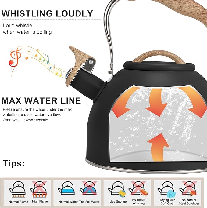 Tea Kettle, Vegoran 100 OZ / 3 Liter Whistling Tea Kettle, Tea Pots for Stove Top Food Grade Stainless Steel with Wood Pattern Folding Handle, Loud Whistle Kettle for Tea, Coffee, Milk (Black)