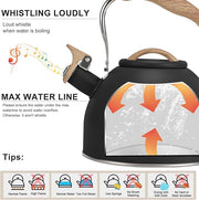 Tea Kettle, Vegoran 100 OZ / 3 Liter Whistling Tea Kettle, Tea Pots for Stove Top Food Grade Stainless Steel with Wood Pattern Folding Handle, Loud Whistle Kettle for Tea, Coffee, Milk (Black)