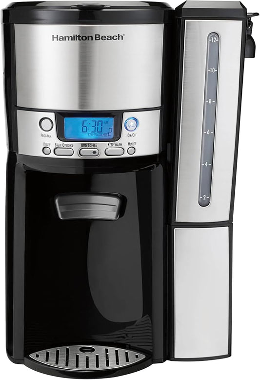 Hamilton Beach One Press Programmable Dispensing 12 Cup Coffee Maker with Internal Coffee Pot, Stays Warm and Fresh for Hours, 60 oz. Removable Reservoir, Black & Stainless Steel (47950)