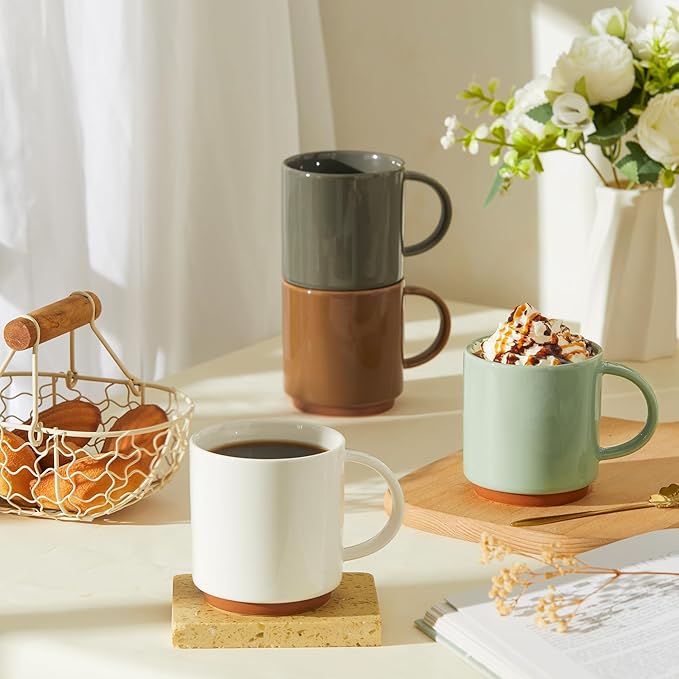 Sweese Stackable Coffee Mugs - 10 Oz Porcelain Cups for Cappuccino, Cafe Mocha, Latte and tea, Set of 4, Assorted Colors