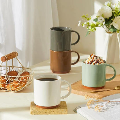 Sweese Stackable Coffee Mugs - 10 Oz Porcelain Cups for Cappuccino, Cafe Mocha, Latte and tea, Set of 4, Assorted Colors