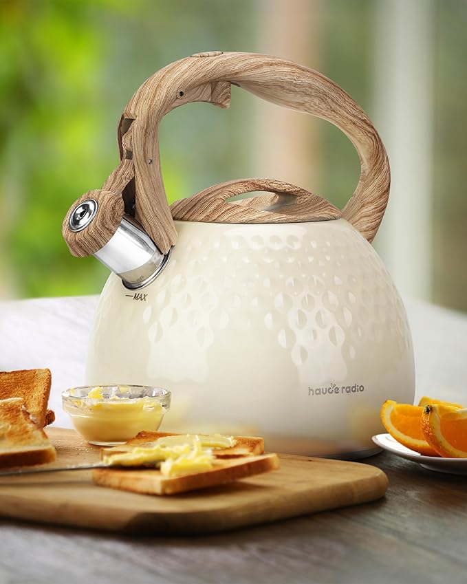 Tea Kettle Stovetop Teapot, 2.5 Quart Loud Whistle Food Grade Stainless Steel and Smooth Wood Pattern Handle, Sophisticated Look for Hiking, Picnic, for Tea, Coffee Milky White