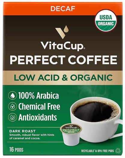 VitaCup Organic Perfect Dark Roast Decaf Coffee Pod for Pure & Clean Energy, Antioxidants, Low Acid, Peru Single Origin in Recyclable Single Serve Pod compatible w/Keurig K-Cup Brewers,16CT