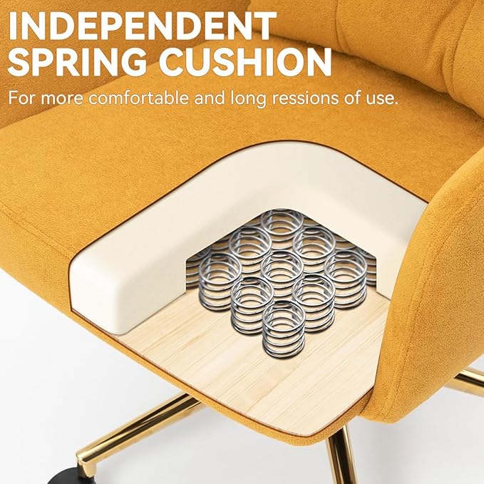 Flannel Office Chair, Comfy Home Office Desk Chairs with Lumbar Support, Modern Velvet Desk Chair Gold Legs Small Swivel Task Chair for Home Office, Bedroom, Study (Yellow, XL)