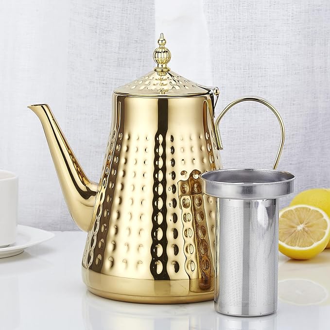 SANQIAHOME 1.8L(60oz) Stainless Steel Hammer Patterned Teapot With Removeable Infuser,Loose leaf cover,Gold