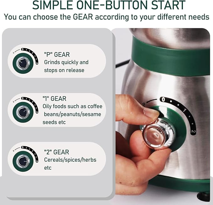 Electric Grinder for Kitchen - 500W Grain Mill with 3 Stainless Steel Blades, Versatile Spice Grinder for Coffee, Grinding Spices, Bean, Grains, Nuts (Green)