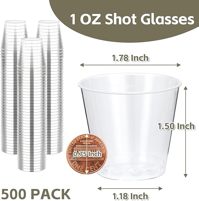 Shot Glasses, 500 Counts 1OZ. Disposable Plastic, Clear, Crack Proof, 1.0 Ounces, Modern Design for Parties