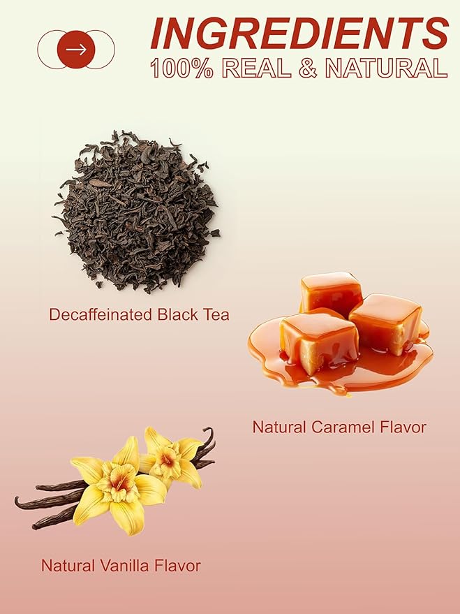 TeeLux Decaf Vanilla Caramel Black Tea Bags, Decaffeinated Black Tea with Vanilla Caramel, Robust & Smooth Taste, 100 Count