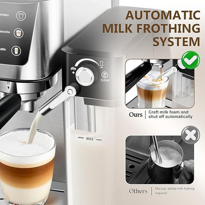 Espresso and Cappuccino Machine 20 Bar, Latte Machine with Automatic Milk Frother, Espresso Maker in Stainless Steel Design,1350W Coffee Maker with Touchscreen for Home (Silver)