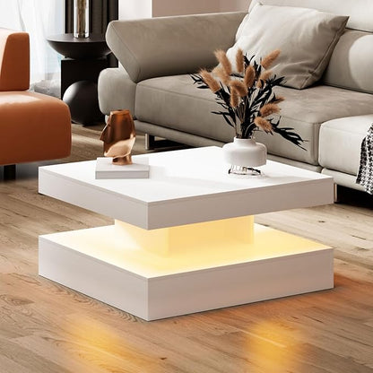 White LED Coffee Table for Living Room, Living Room Table 2-Tier Square Middle Center Table, Modern Coffee Tables with Storage, Wood Tea Tables for Dining Reception, Skin Feeling