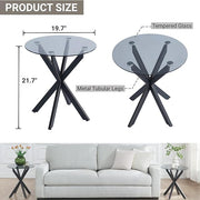 Modern Glass End Table, Small Round Side Table for Couch, Sofa Table with Grey Tempered Glass Top for Living Room, Bedroom, Bedside, 19.7