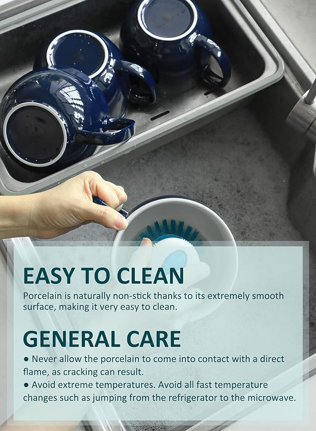 Teocera Porcelain Coffee Mugs, Soup Mugs Bowls with Handle, 24 oz Latte Mugs Set of 4 - Striped Design, Navy