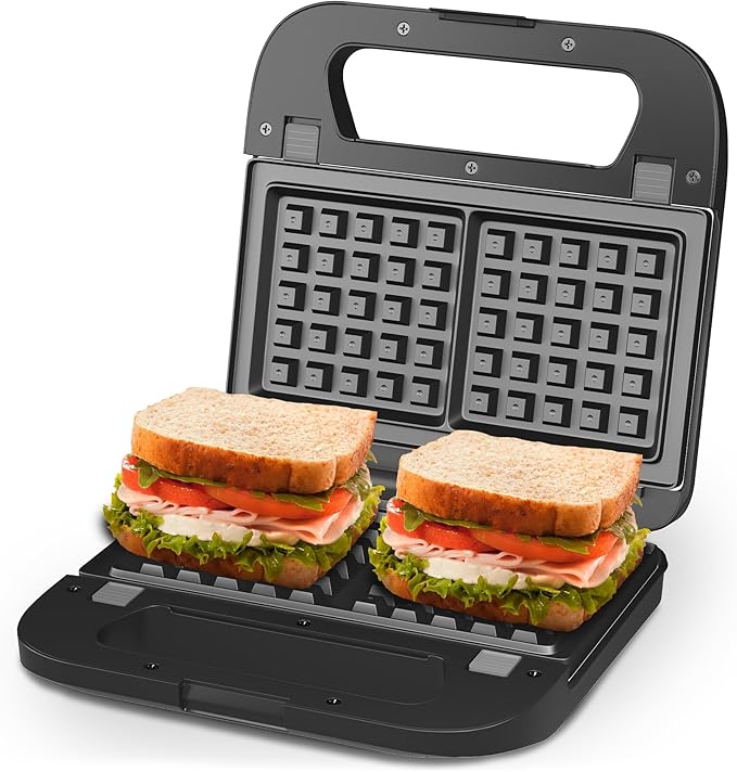 Sunvivi Sandwich Maker Panini Press: Waffle Maker with Removable Plates, 3 in 1 Sandwich Maker Press with Non-Stick Plates, Indicator Lights & Cool Touch Handle, 750W, Black