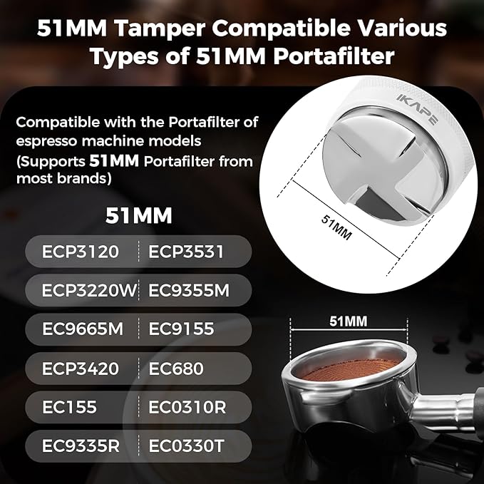 IKAPE Coffee Products, 51mm Coffee Distributor & Hand Tamper, Adjustable Depth Espresso Distributor Fits All 51mm Espresso Portafilter, Compatible with Delonghi Bottomless Portafilter (White)