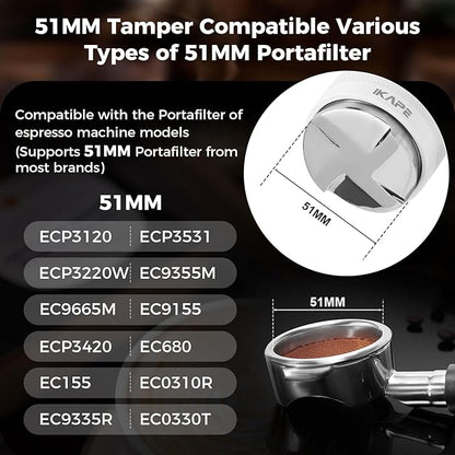 IKAPE Coffee Products, 51mm Coffee Distributor & Hand Tamper, Adjustable Depth Espresso Distributor Fits All 51mm Espresso Portafilter, Compatible with Delonghi Bottomless Portafilter (White)