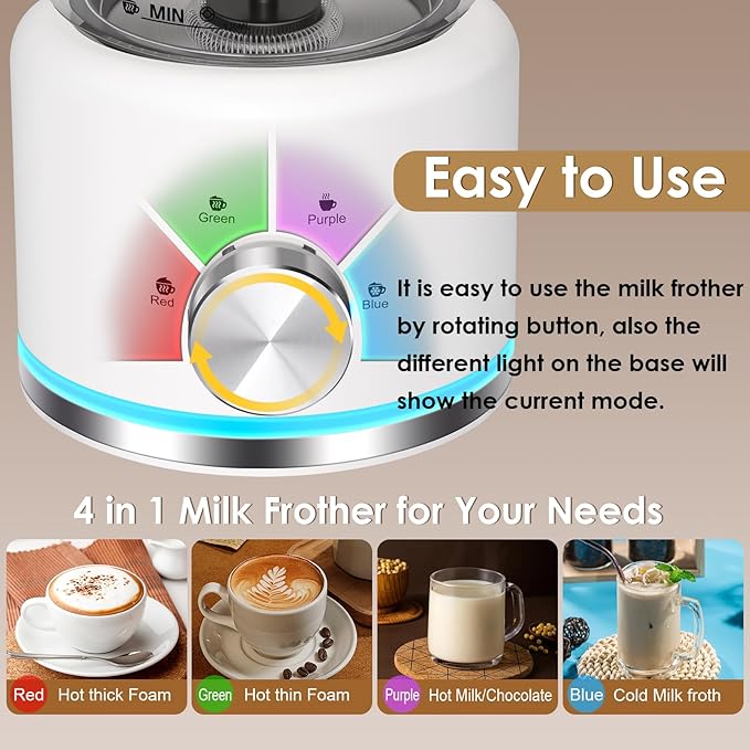 Milk Frother, 16.9 OZ Milk Frother and Steamer, 4 in 1 Electric Milk Frother Dishwasher Safe, Durable Silent Working Frother for Coffee, Hot and Cold Foam Maker, White Glass