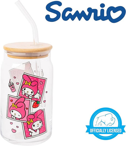 Silver Buffalo Sanrio Hello Kitty and Friends My Melody Polaroids Glass Jar Tumbler with Bamboo Lid and Glass Straw, 16 Ounces