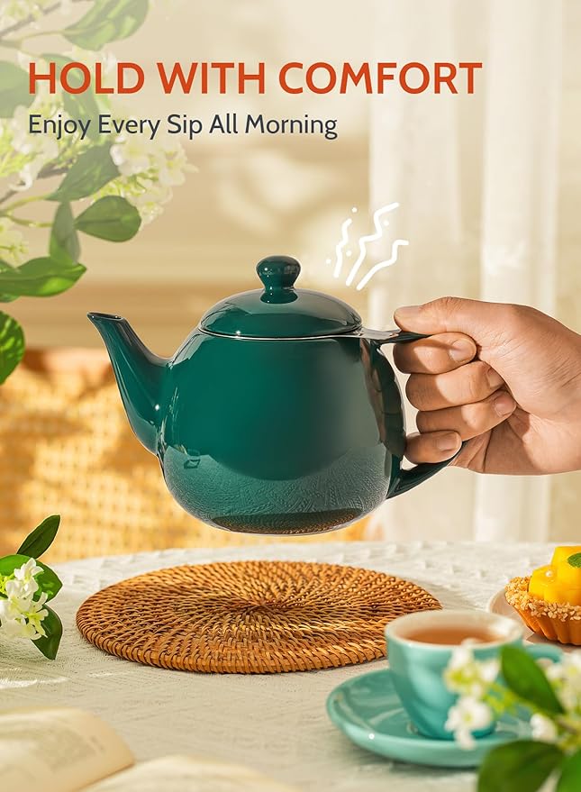 Sweese Teapots for Tea, 27 oz Porcelain Tea pot with Removable Stainless Steel Infuser, Tea Pots for Loose Tea - Dark Green