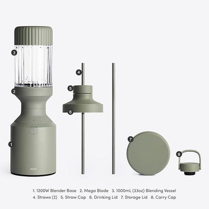 Beast Mega 1200 | Premium Countertop Blender | Smoothies, Shakes, Sauces, Dips, Soups | Blends Ice and Frozen Fruit | Includes Extra Lids and Straw System | 1200W | (Sage, 120V)