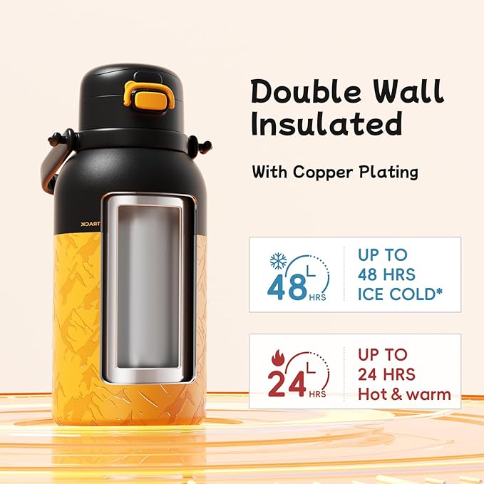 QWE Large Insulated Water Bottle with Straw&Lids,1200ml/40oz Vacuum Sealed Sport Bottles,Double Drinking,Stainless Steel Tumbler with Handle,LeakProof,BPA-Free,for Hiking,Gym,camp (Mountain Orange)