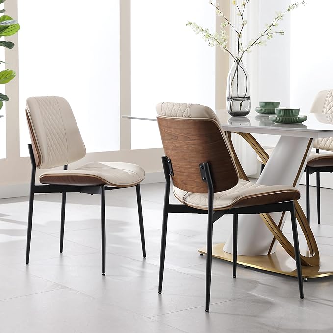 BV Dining Chairs Set of 2, PU Leather Armless Kitchen Chair in Modern Walnut Style, Mid Century Bentwood Side Chair with Metal Legs, Retro Accent Guest Chair for Kitchen Dining Room(Beige)