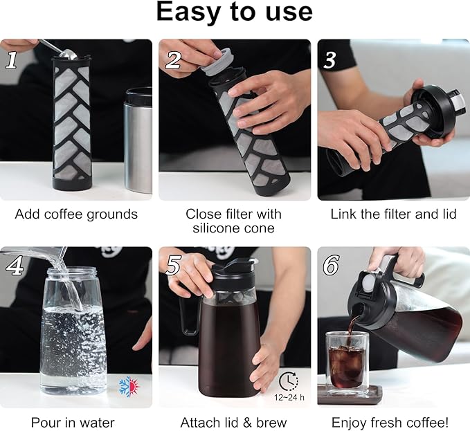 Sivaphe Large Ice Cold Coffee Maker 2 Quart, Dishwasher Safty Traitan Carafe Pitcher Leak Proof, Reusable Filter 64 oz Iced Hot Coffee Tea Method Brewer