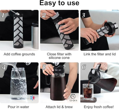 Sivaphe Large Ice Cold Coffee Maker 2 Quart, Dishwasher Safty Traitan Carafe Pitcher Leak Proof, Reusable Filter 64 oz Iced Hot Coffee Tea Method Brewer