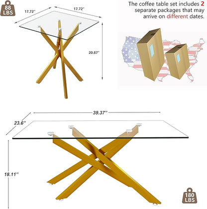 Gold Glass Coffee Table Set of 3 Modern End Table Living Room Side Table, Geometric Metal Legs 39.4 Inch Clear Rectangle Center Cocktail Tables, Gold