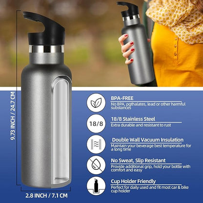 Volhoply 17oz Kids Insulated Water Bottle,Stainless Steel Water Bottles with Straw Lid,Double Wall Vacuum Metal Cups Water Bottle,Reusable Sports School Water Flask Keep Hot & Cold (Cold Grey,1 Set)