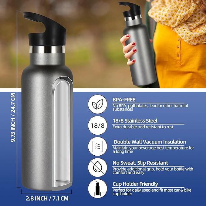 Volhoply 17oz Insulated Water Bottle Bulk 8 Pack,Stainless Steel Kids Water Bottles with Straw Lid,Double Wall Vacuum Metal Water Flask,Reusable Sports School Cups Keep Hot & Cold (Cold Grey,8 Set)