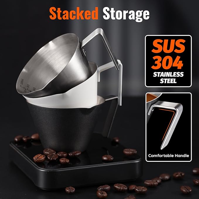 YARRAMATE Espresso Cup with Handle, Stainless Steel Espresso Accessories, Double Spout Metal Measuring Cup with Dual Scale, Espresso Shot pitcher with V-Shaped Mouth, 3.4OZ/100ML